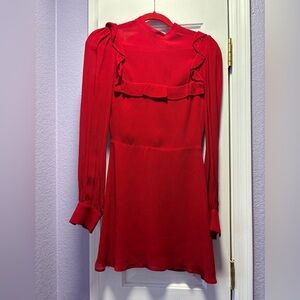 Reformation tomato red long sleeve ruffle mini dress - size 0